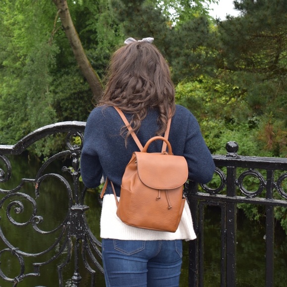 **SOLD** Cognac Drawstring Faux Leather Backpack - Picture 1 of 2